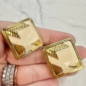 Vintage Monet Clip-On Earrings 1980s Signed Cream Enamel and Gold-tone Geometric
